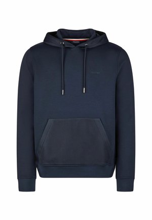 Navy blue hoodie with a drawstring hood, front kangaroo pocket, textured fabric panel at the pocket, and subtle branding on the chest.