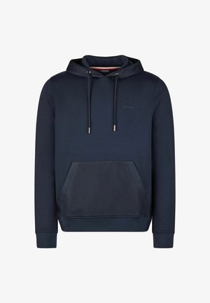 Hoodie bleu marine avec une capuche à cordon de serrage, poche kangourou à l'avant, panneau en tissu texturé au niveau de la poche et branding subtil sur la poitrine.