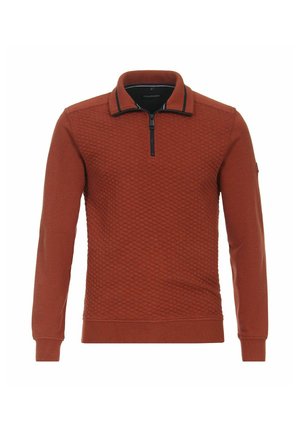 Langärmeliger Pullover in Rostorange mit strukturierter Vorderseite, Viertelreißverschluss am Kragen sowie gerippten Bündchen und Saum.