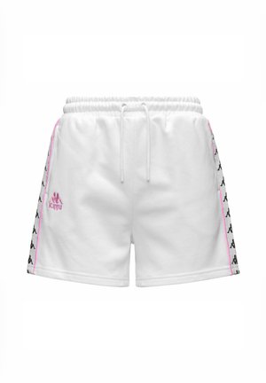 Pantaloncini sportivi bianchi con strisce laterali brandizzate rosa e nere, vita elasticizzata e chiusura frontale con coulisse.