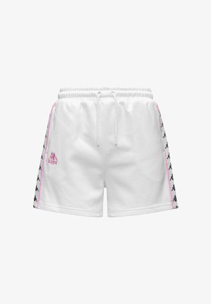 Shorts de sport blancs avec des bandes latérales de marque roses et noires, taille élastique et fermeture à cordon à l'avant.