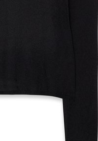 Black cropped sweater with a textured knit pattern, featuring a rounded hem and long sleeves. Made from a soft, stretchy material.