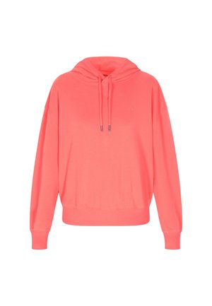 Korall színű kapucnis pulóver, puha anyagból készült, húzókás kapucnival, bordázott mandzsettákkal és laza szabású. Egyszerű dizájn, minimális részletezéssel.