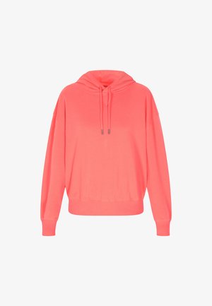 Korall színű kapucnis pulóver, puha anyagból készült, húzókás kapucnival, bordázott mandzsettákkal és laza szabású. Egyszerű dizájn, minimális részletezéssel.