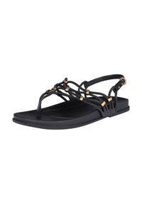 Black flat sandals with textured straps made of braided material and gold accents. Features a back strap and a flat rubber sole.