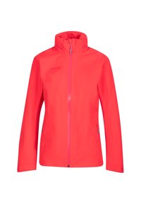 Bright pink waterproof jacket with a high collar, full zipper, two side pockets, and a lightweight, smooth texture. Features logo on the chest.