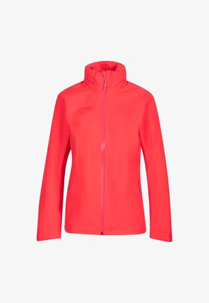Veste imperméable rose vif avec un col haut, fermeture éclair intégrale, deux poches latérales et une texture légère et lisse. Présente le logo sur la poitrine.
