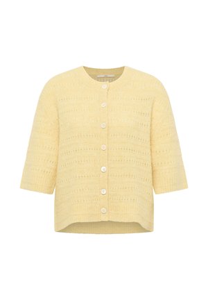 Yellow knitted short-sleeve cardigan with round neck and seven front buttons, featuring a textured pattern and ribbed hem.