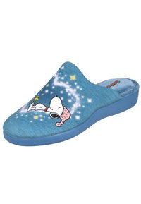 Zapatilla de tela suave azul con suela moldeada, que presenta un diseño de un perro durmiendo, un gorro de dormir rosa y un estampado estrellado.