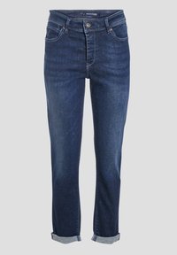 Jeans en denim bleu foncé avec une coupe droite, un design à cinq poches et des ourlets retroussés. Comprennent une braguette zippée et une fermeture à bouton en métal.