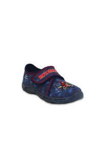Blauer Stoffschuh mit einem Klettverschluss, ausgestattet mit roten "MOTOCROSS"-Text und buntem besticktem Motorraddesign. Schwarze Gummisohle für besseren Halt.
