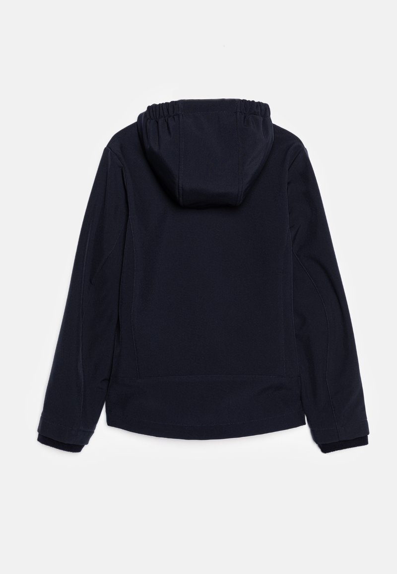 Veste légère bleu marine avec une capuche ajustée, des manches longues et des coutures latérales. Présente une texture lisse et des poignets élastiques pour plus de confort.