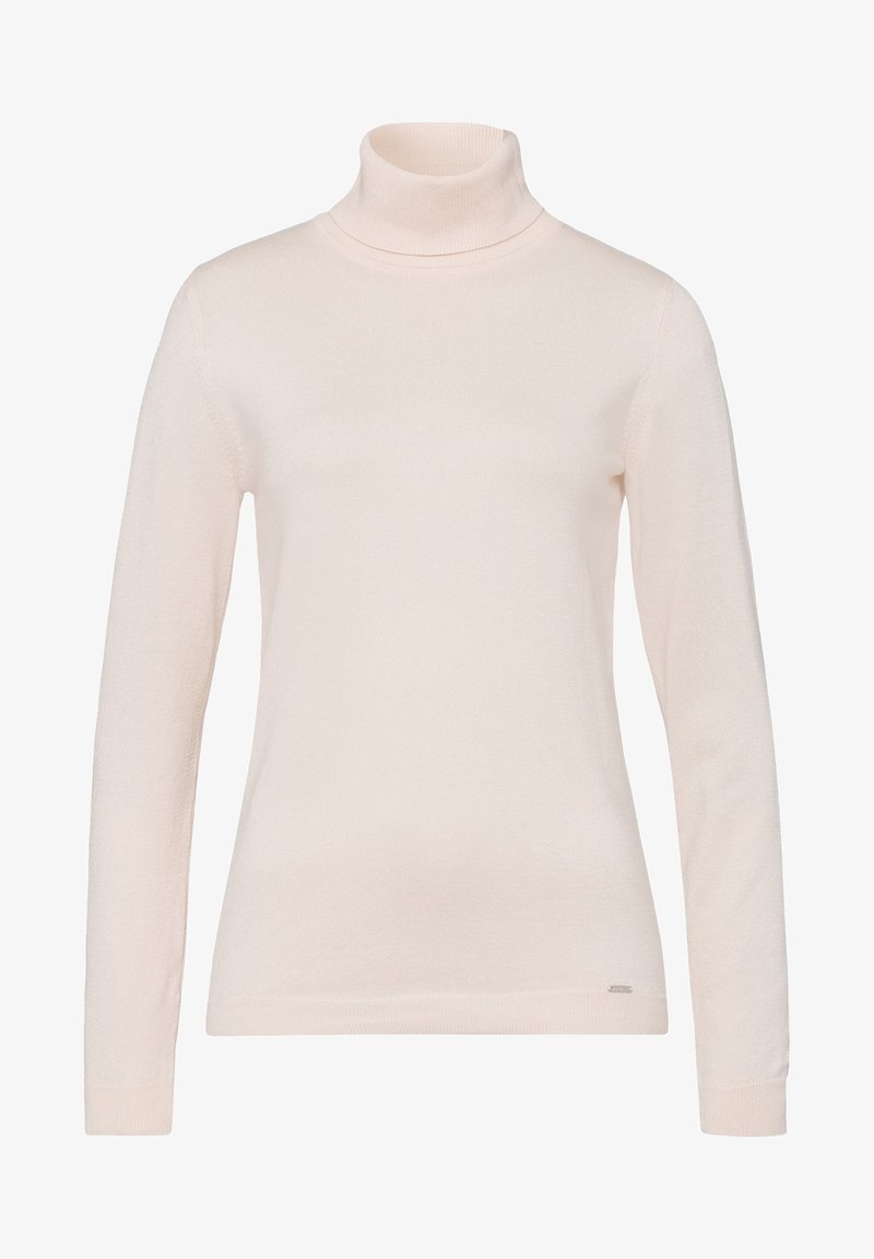 Pull à col roulé crème à manches longues avec une coupe ajustée et des poignets côtelés.