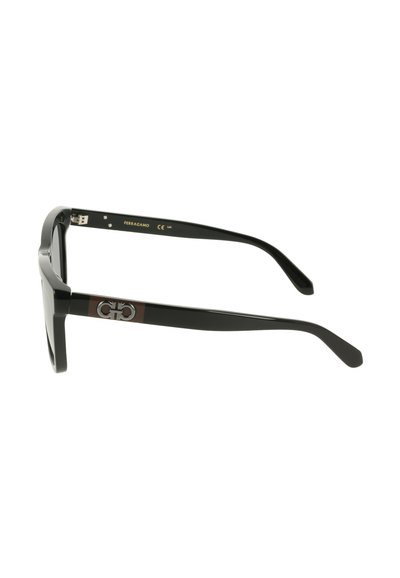 Lunettes de soleil rectangulaires noires avec des montures brillantes, comportant un accent marron sur les branches et un détail de logo près de la charnière.