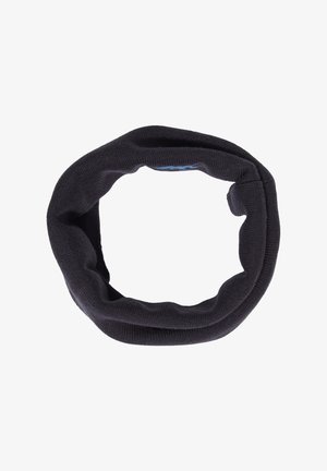 Schwarz gestrickter Halswärmer, flach liegend in kreisförmiger Form auf weißem Hintergrund.