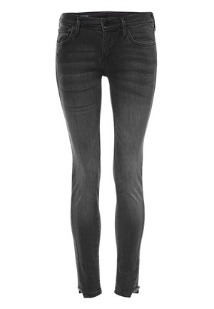 Schwarze Skinny Jeans mit einem verblassten Finish, Fünf-Taschen-Design, dezentem Waschungseffekt an den Oberschenkeln und genähten Saumdetails am Knöchel.