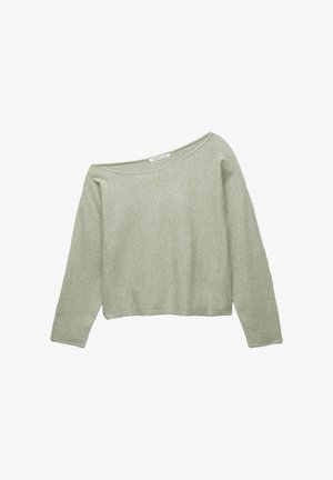Top lungo a maniche lunghe di colore verde chiaro, realizzato in un morbido tessuto testurizzato, con scollatura ampia e vestibilità rilassata. Design semplice senza fantasie.