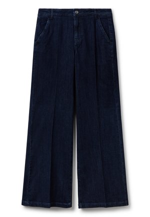 Donkerblauwe wijde jeans met voorzakken, riemlussen en een knoopsluiting in de taille.