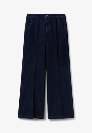 Donkerblauwe wijde jeans met voorzakken, riemlussen en een knoopsluiting in de taille.