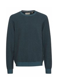 Maglione di un verde scuro con maniche lunghe, collo rotondo, polsini e orlo a coste. Tessuto testurizzato e dettagli a contrasto nel colletto.