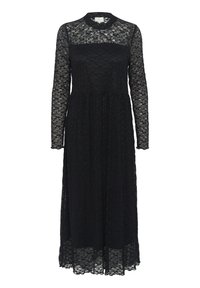 Rochie lungă din dantelă neagră cu mâneci lungi, având un guler înalt, un top ajustat și o fustă fluidă, cu modele intricitate din dantelă pe întreaga suprafață.