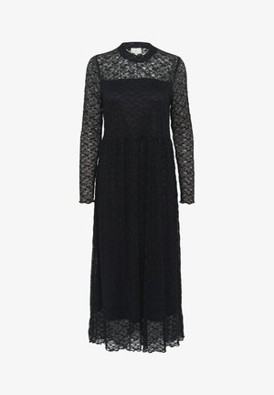 Black lace long-sleeve dress featuring a high neckline, a fitted bodice, and a flowing skirt, with intricate lace patterns throughout.