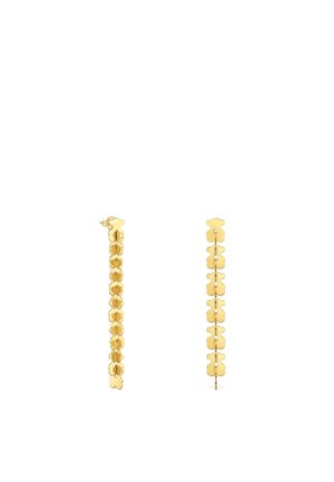 Długie złote kolczyki z połączonymi segmentami w kształcie kwiatów, pokazane z przodu i z boku na białym tle.