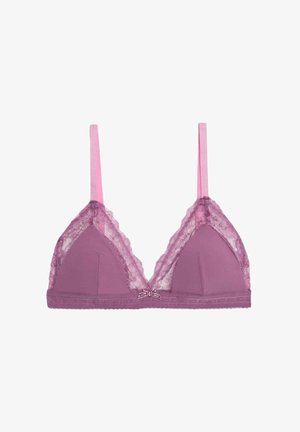 Dunkelmaulbeerenfarbener, drahtloser BH mit Spitze am Saum. Weicher Stoff mit dreieckigen Cups, verstellbaren rosa Trägern und einer kleinen Schleifenakzent.