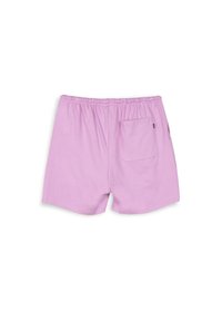 Rosa Baumwollshorts mit einem elastischen Bund, ausgestattet mit einer einzelnen Gesäßtasche und einem einfachen, lässigen Schnitt. Angenehme, glatte Textur.
