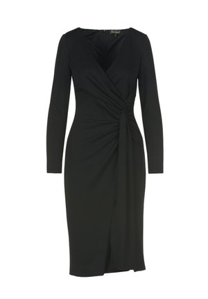 Robe noire à manches longues avec un design croisé, dotée d'une ceinture à la taille et d'une fente avant subtile. Fabriquée en tissu extensible.