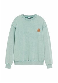 Sweatshirt vert menthe avec un col rond, des manches longues et des poignets côtelés. Graphique notable d'un soleil orange sur la poitrine. Tissu doux et texturé.