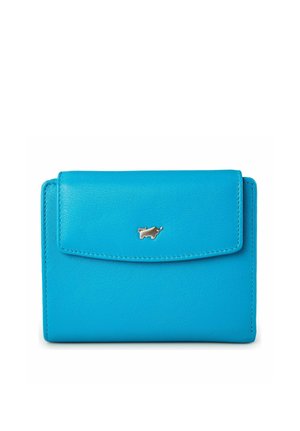 Portefeuille compact en cuir bleu vif avec une fermeture à rabat et un petit emblem rhinocéros argenté centré à l'avant.
