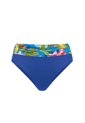 Dół od bikini z wysokim stanem, w głównym kolorze niebieskim, z wielokolorowym paskiem w kwiatowy wzór, przedstawiającym liście i kwiaty. Gładka faktura.