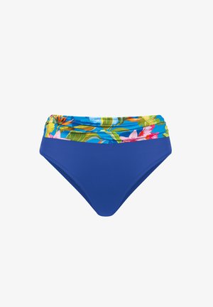 Dół od bikini z wysokim stanem, w głównym kolorze niebieskim, z wielokolorowym paskiem w kwiatowy wzór, przedstawiającym liście i kwiaty. Gładka faktura.