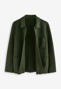Grøn uldjakke med krave, tre forreste knapper, to sidelommer og en blød tekstur. Åben frontdesign.