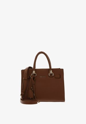 Sac à main en cuir marron avec poignées tressées, bandoulière amovible et ferrures argentées, avec le logo de la marque Liu Jo à l'avant.
