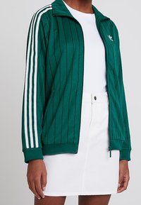 Grön zip-up jacka med vertikala ränder, vita tre-stripes-accenter och en liten logotyp på vänster bröst. Matchas med en vit kjol.