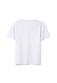 Camiseta de algodón blanca con mangas cortas, cuello redondo y textura suave, con un diseño minimalista y sin patrones o acentos visibles.