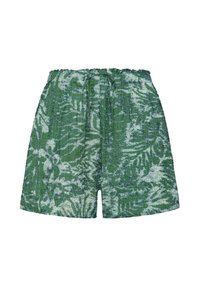 Groene korte broek gemaakt van een getextureerde stof met een bloemenpatroon in verschillende tinten groen en blauw. Elastische tailleband voor comfort.