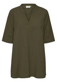 Olivengrüne Tunika-Bluse aus leichtem Stoff, mit V-Ausschnitt, halben Ärmeln und einer entspannten Passform mit Seitenschlitzen am Saum.