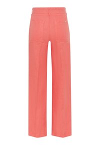Coral linen blend trousers with a wide-leg cut, featuring two back pockets and a relaxed fit. Texture appears slightly crinkled.