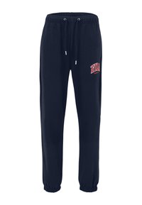 Marineblauwe sweatpants van een katoenmix, met een verstelbare trekkoordtaille, elastische boorden en een rood FILA-logo op de linker bovenbeen.