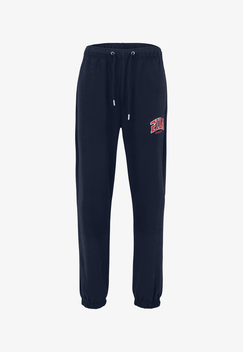 Mørkeblå sweatpants lavet af en blanding af bomuld, med justerbar snor i taljen, elastiske manchetter og et rødt FILA-logo på venstre lår.
