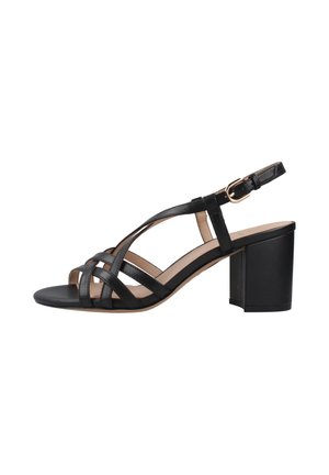 Black leather open-toe sandal with crisscross straps, adjustable ankle buckle, and chunky mid-height heel.