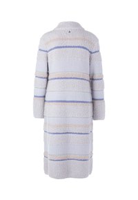 Long, oversized cardigan in soft, textured fabric. Light grey with horizontal stripes in beige, blue, and green. Features a high collar and wide sleeves.