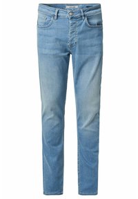 Svijetloplave traperice slim fit kroja, sa prednjim džepovima, zatvaranjem na gumb i minimalnim izblijeđenjem za čist izgled.