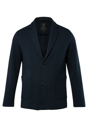 Blazer blu navy realizzato in tessuto testurizzato, con rever a punta, chiusura a un bottone e due tasche frontali.