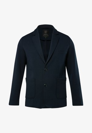 Blazer bleu marine en tissu texturé, avec un col cranté, une fermeture à un bouton et deux poches avant.
