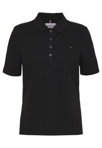 Černé polo triko s límečkem, krátkými rukávy, pěticí knoflíků a mal�ým logem na levé hrudi. Bavlněný materiál, hladká textura.