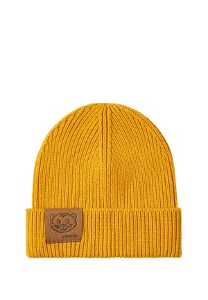 Yellow ribbed knit beanie with folded cuff and brown patch featuring a smiling cartoon tiger face and the brand name Affenzahn.